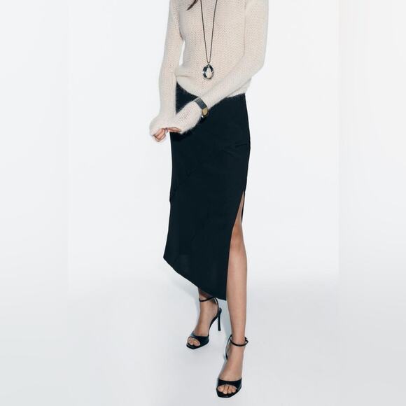 Zara Black DIAGONAL SEAMS CREPE MIDI SKIRT Size Extra Large XL - Picture 2 of 12